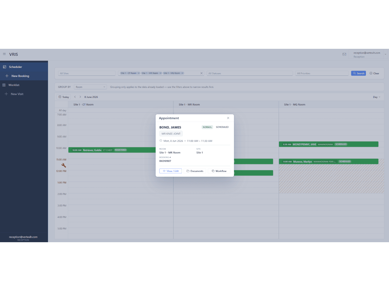 VRIS booking screen